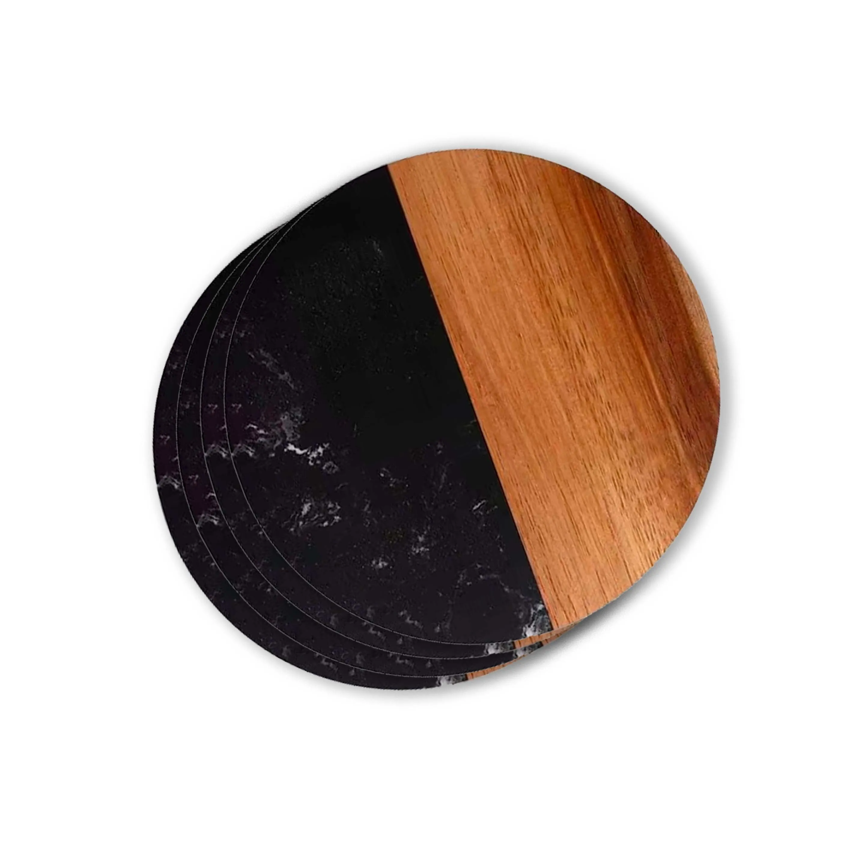 Set Of 4 Black Marble and Acacia Wood  4" Round Coasters