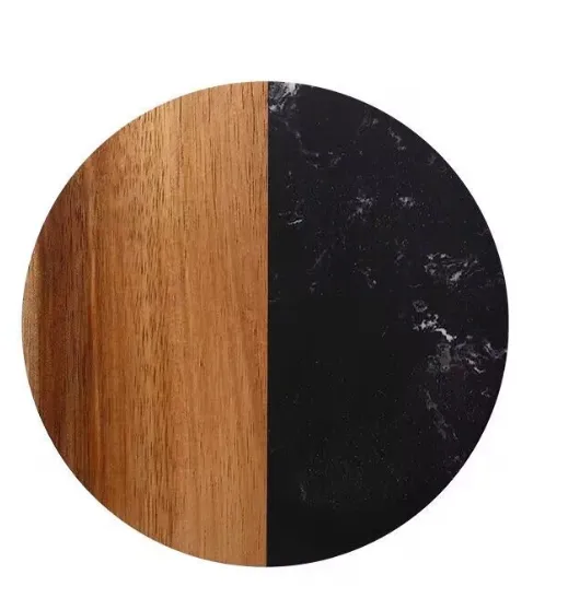 Set Of 4 Black Marble and Acacia Wood  4" Round Coasters