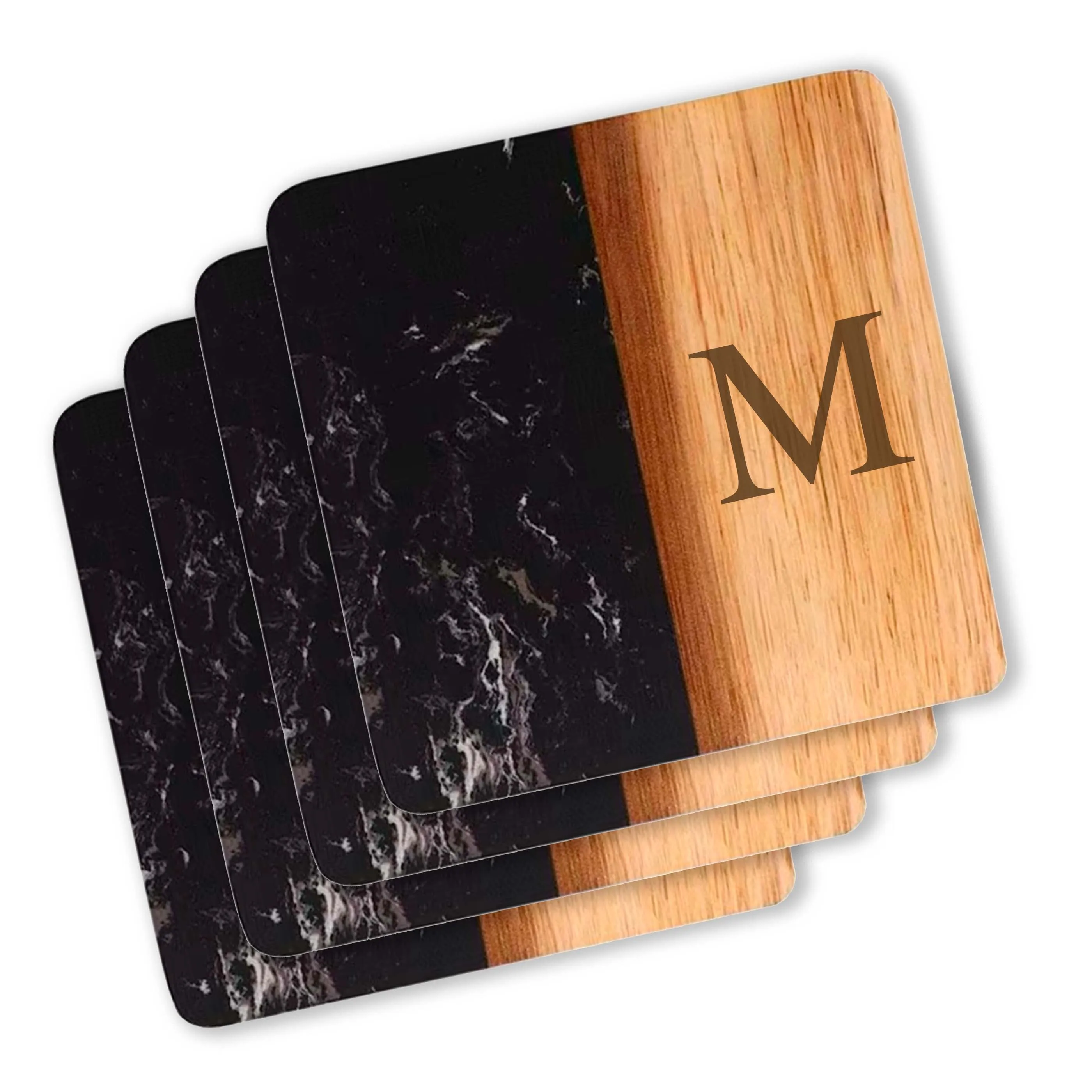 Set Of 4 Black Marble and Acacia Wood  4" Square Coasters