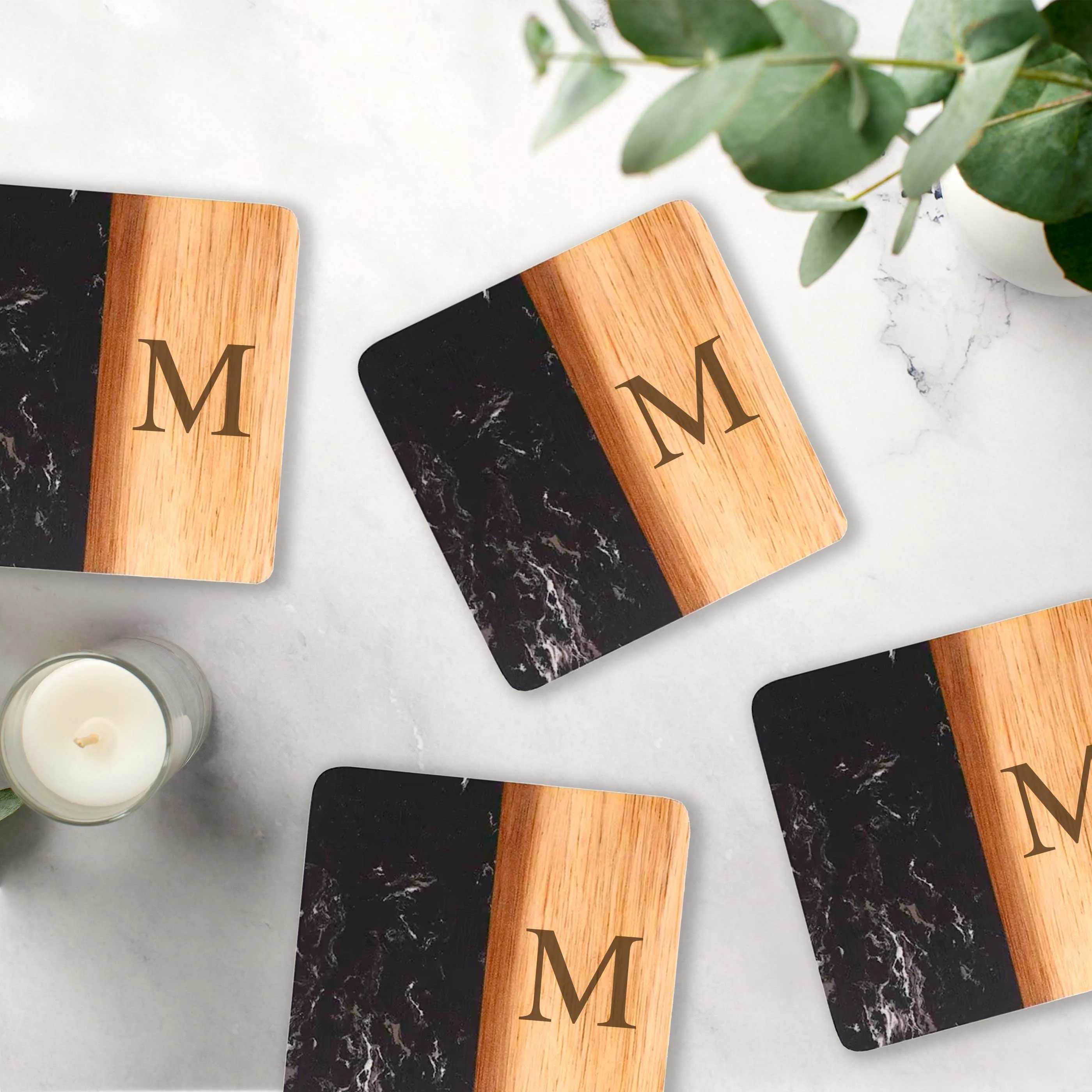 Set Of 4 Black Marble and Acacia Wood  4" Square Coasters