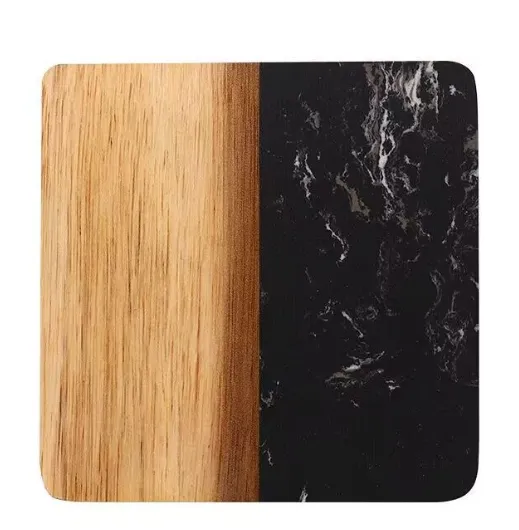 Set Of 4 Black Marble and Acacia Wood  4" Square Coasters