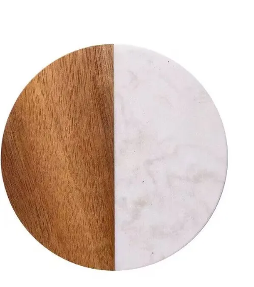 Set Of 4 White Marble and Acacia Wood  4" Round Coasters