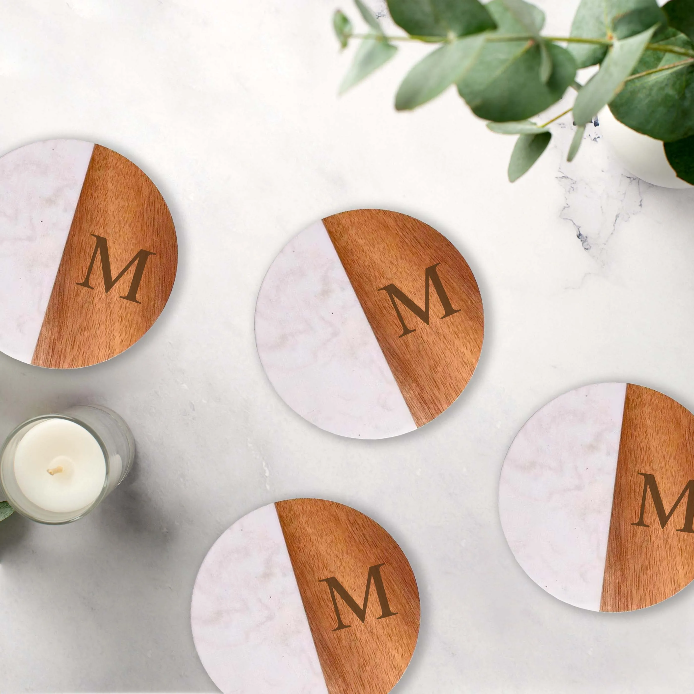 Set Of 4 White Marble and Acacia Wood  4" Round Coasters