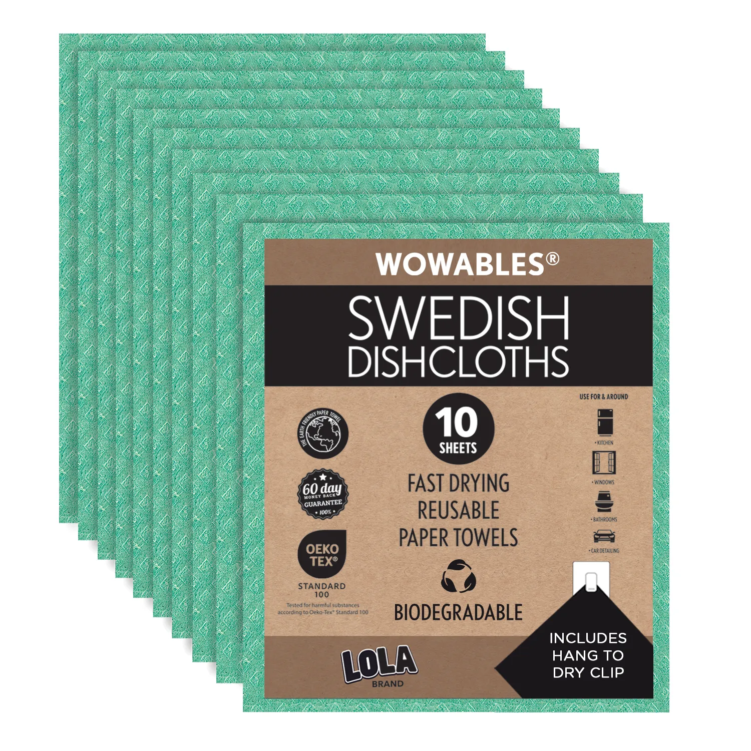 Swedish Dishcloths Biodegradable Reusable Paper Towels 10 Pack - Mint Green - Made in Germany