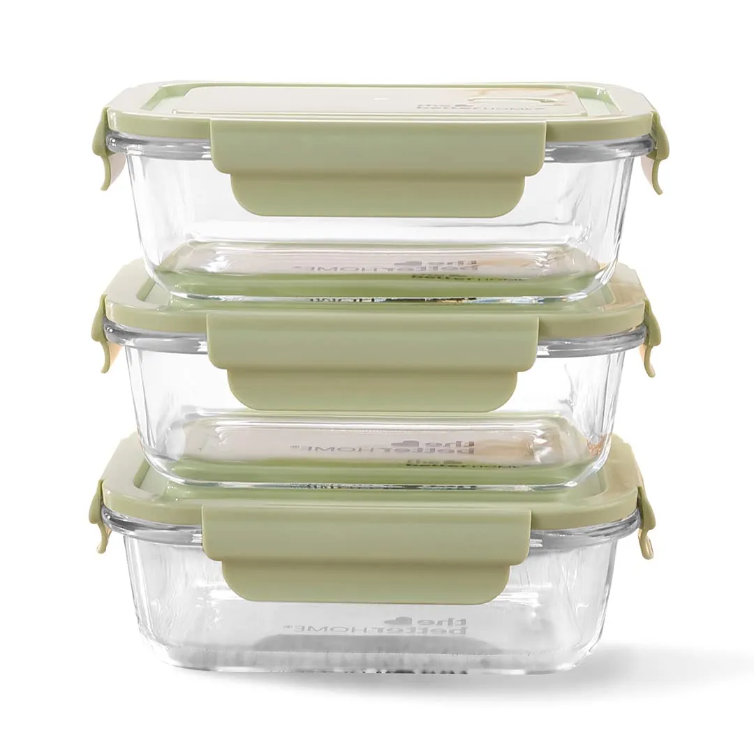 The Better Home Borosilicate Glass Lunch Box | Tiffin Box for Office for Men Women |Lunch Box for Women School Kids |Microwave Safe Leak Proof Airtight Lunch Boxes (Green) (3Pcs - 680ml Each)