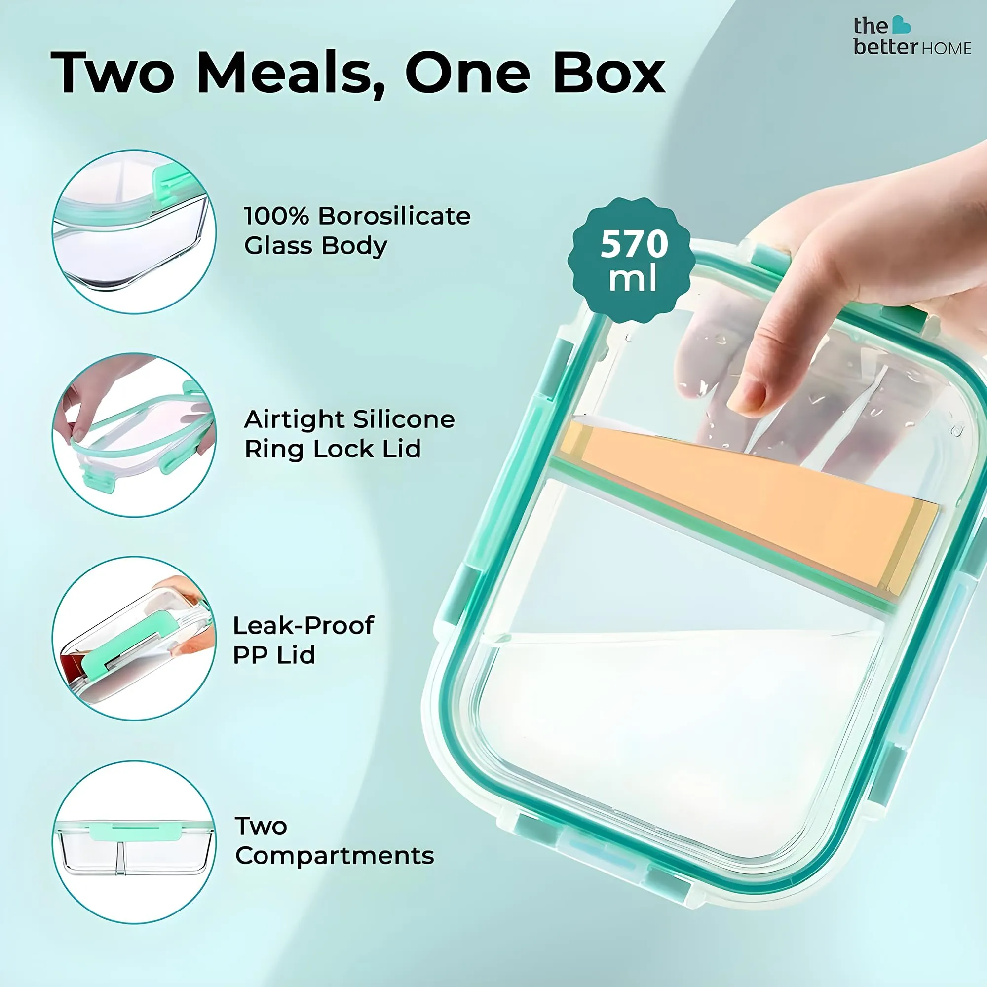 The Better Home Microwave Safe Office Two Compartment Lunch Box Set | Glass | Safety Lock Airtight Tiffin Containers (Transparent) (570ml) | Convenient and Safe Lunch Box | Pack of 2