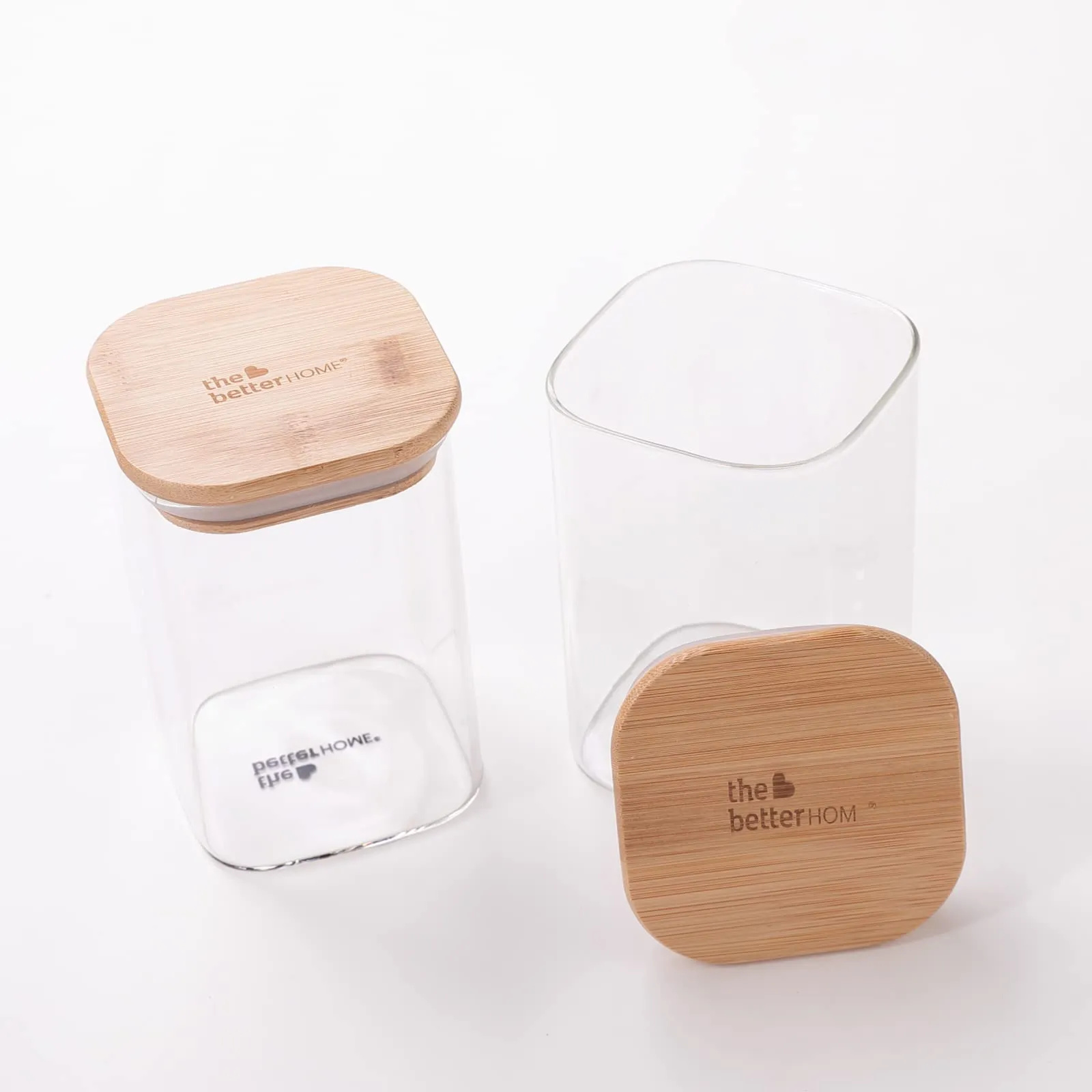 The Better Home Pack of 2 Kitchen Accessories Item with Bamboo Lid I Rectangular Transparent Airtight Borosilicate Kitchen Containers Set | Glass Jars for Cookies Snacks Tea Coffee Sugar | 600 ml Each