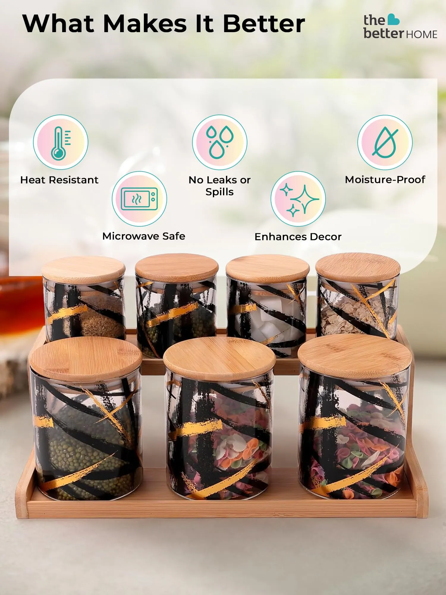 The Better Home Pack of 7 Kitchen Organizer Borosilicate Jars with Bamboo Lid & Tray | 4 Pcs 350 ml & 3 Pcs 850 ml | Glass Jars for Cookies, Spices, Snacks, Tea, Coffee, Sugar | BPA Free | Transparent