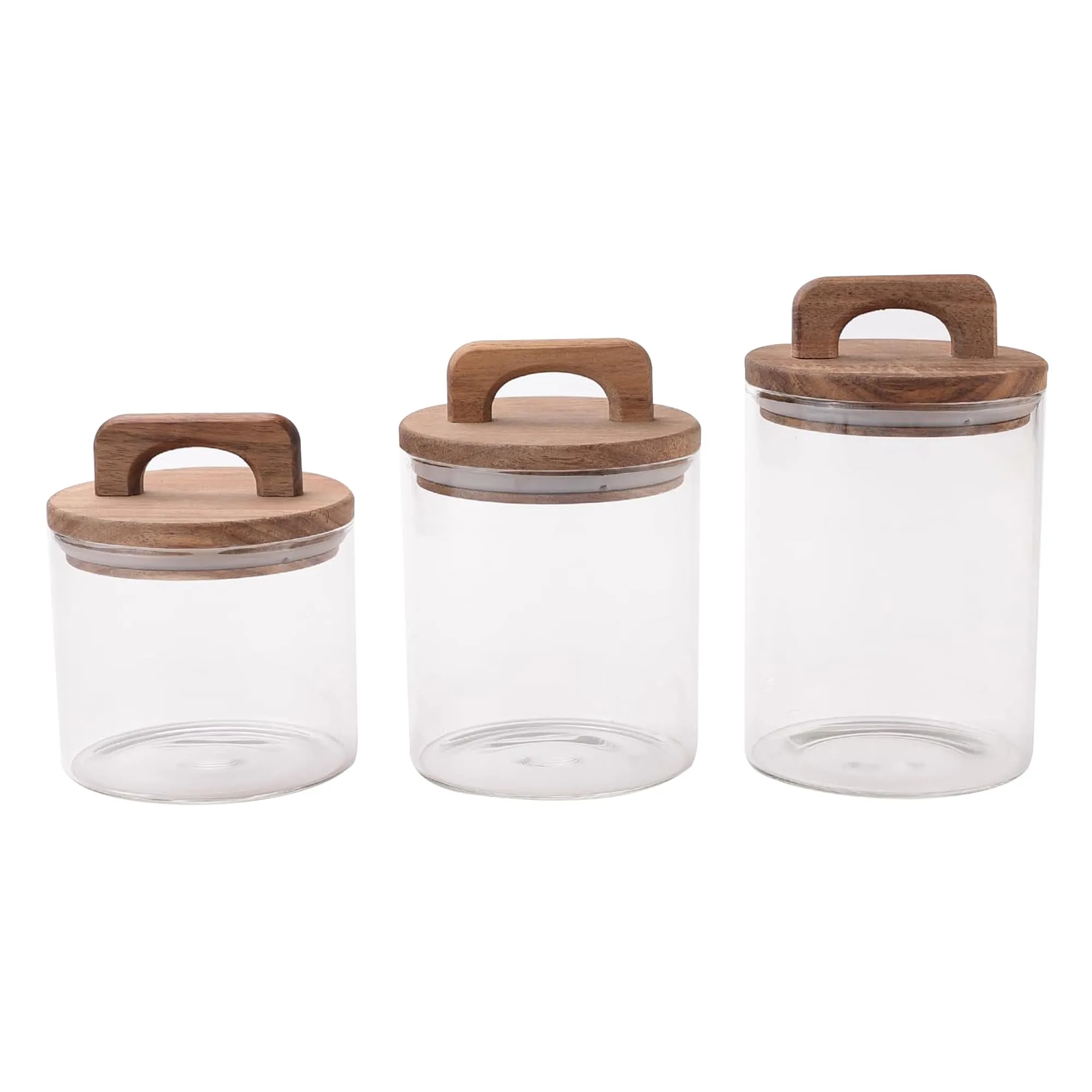 UMAI Borosilicate Glass Jars with Wooden Lids and Handles | Airtight Glass Containers with lid | Kitchen Organization Items and Storage | Transparent | Multipurpose | 500ml 660ml 800ml | Pack of 3