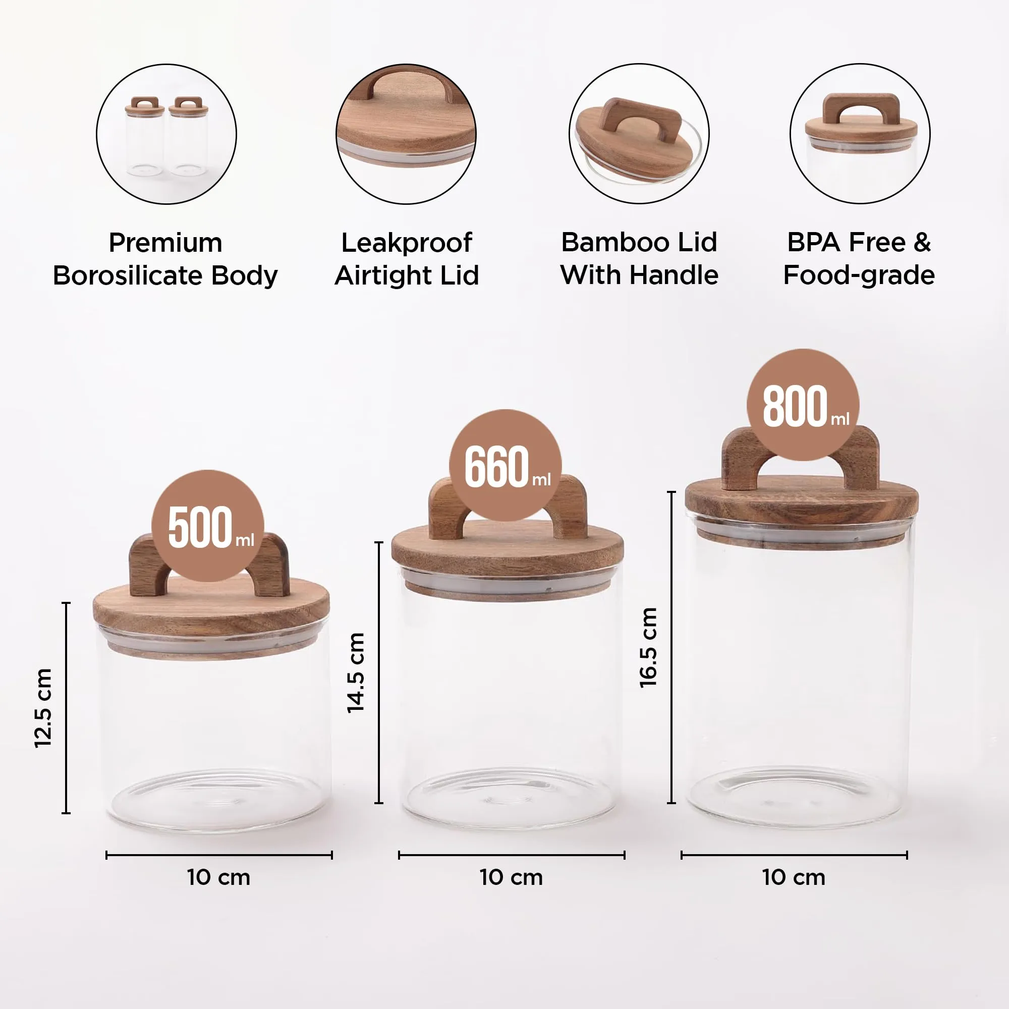 UMAI Borosilicate Glass Jars with Wooden Lids and Handles | Airtight Glass Containers with lid | Kitchen Organization Items and Storage | Transparent | Multipurpose | 500ml 660ml 800ml | Pack of 3