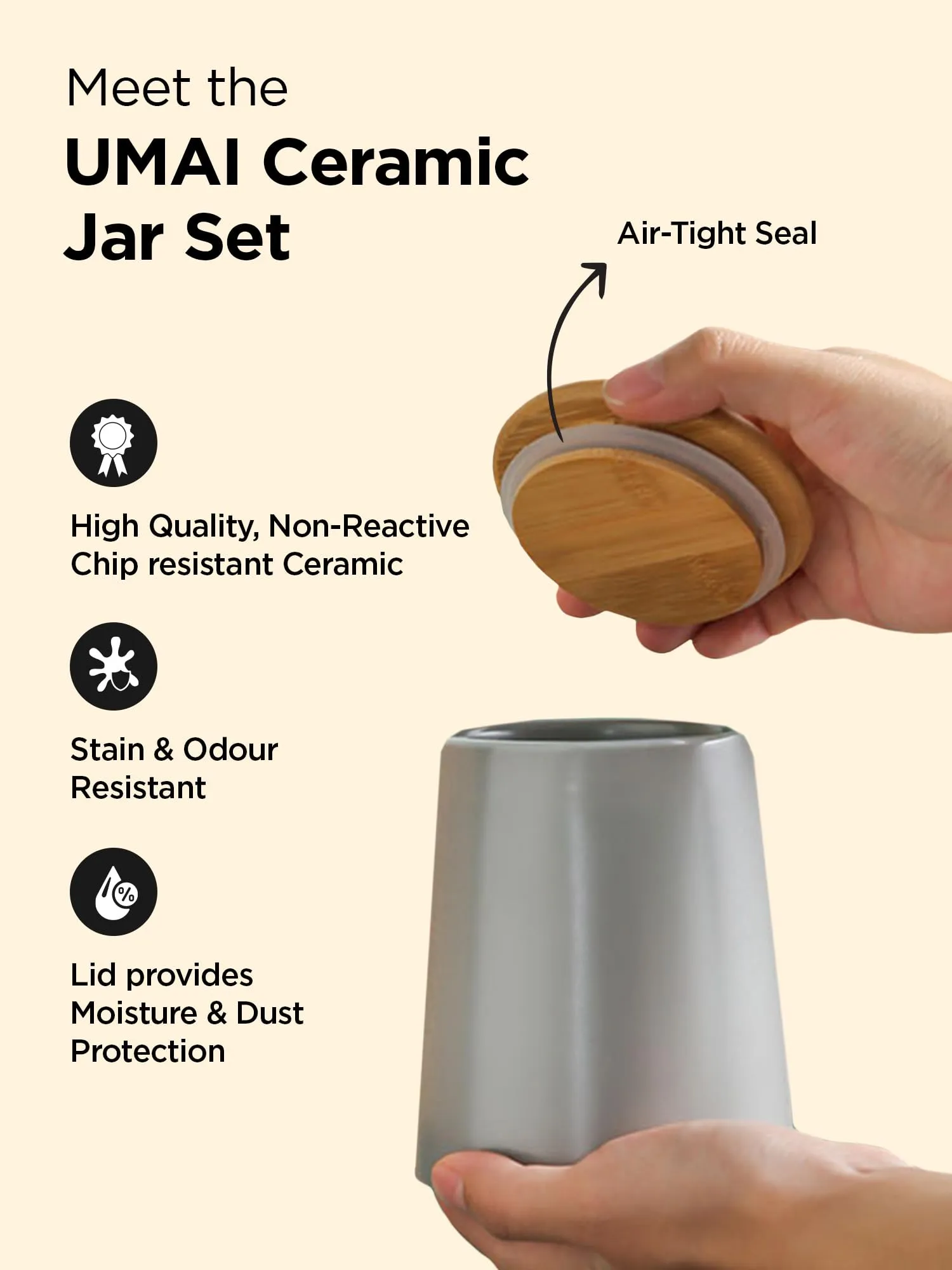 UMAI Ceramic Jar with Bamboo Lid | Kitchen Organizer Items and Storage | Multipurpose Airtight Container for Sugar,Salt,Snacks,Tea,Coffee|Kitchen Accessories Items| 700ml (Grey)