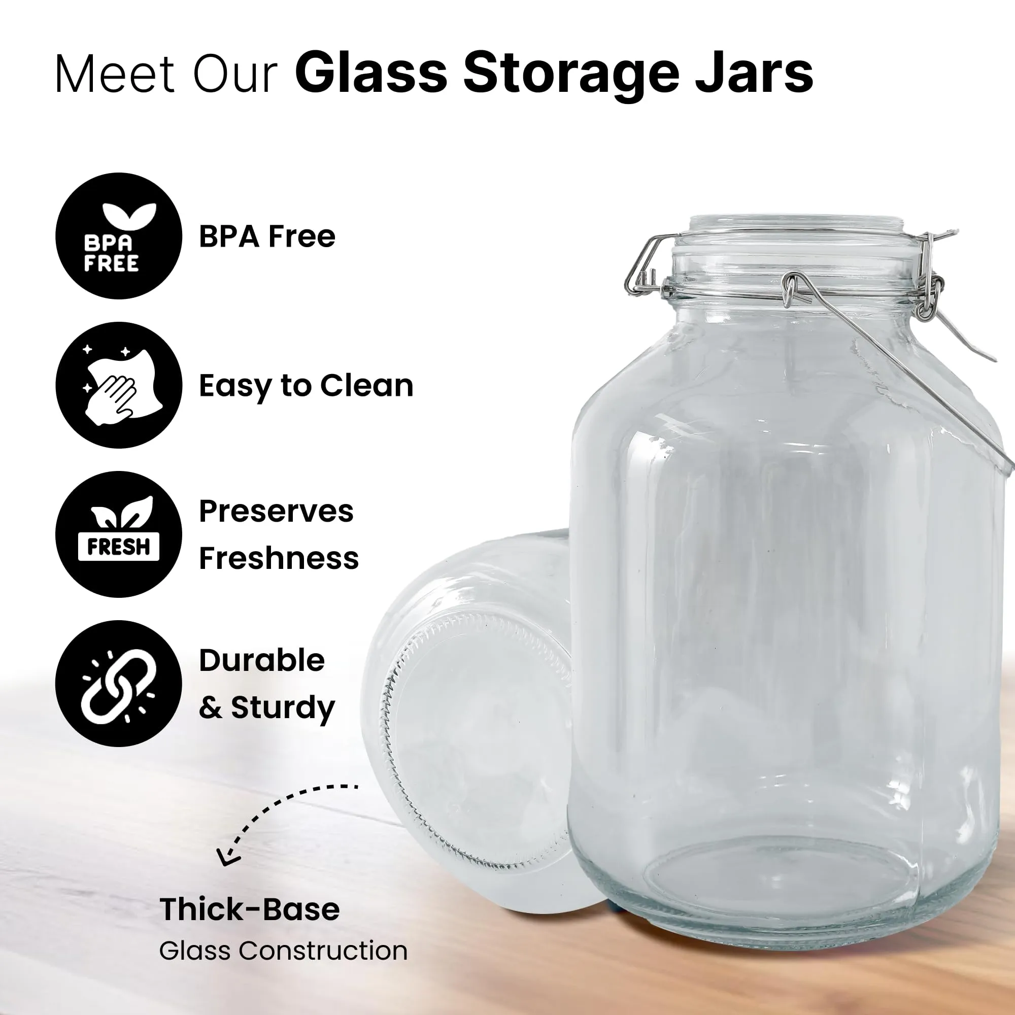 UMAI Glass Jar for Kitchen Storage | 3 liter | Mason Jars with Buckle Lids and Wide Mouth | Airtight Glass Containers with stainless steel handle and leakproof rubber gasket | Transparent