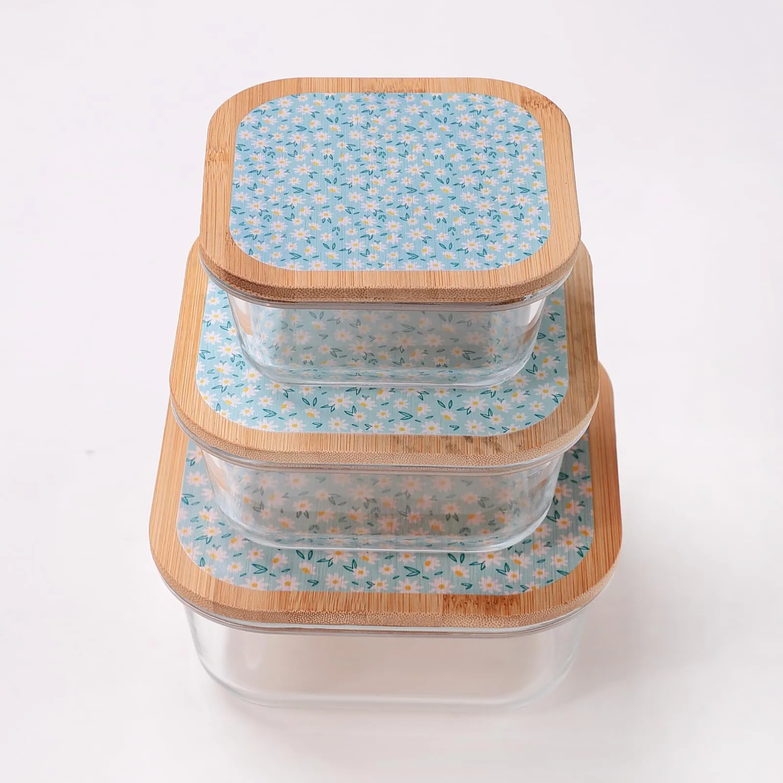 UMAI Pack of 3 Borosilicate Glass Kitchen Containers with Bamboo Lid | 310ml 510ml 800ml | Airtight Square Fridge Storage Boxes |kitchen organizer items and storage | Dandy Daisies Print