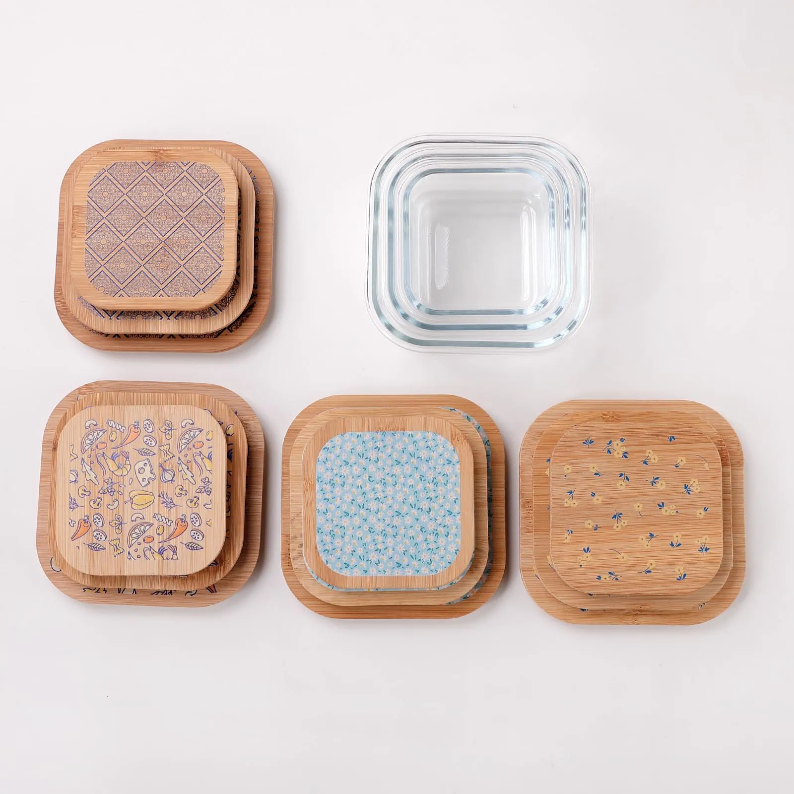 UMAI Pack of 3 Borosilicate Glass Kitchen Containers with Bamboo Lid | 310ml 510ml 800ml | Airtight Square Fridge Storage Boxes |kitchen organizer items and storage | Dandy Daisies Print