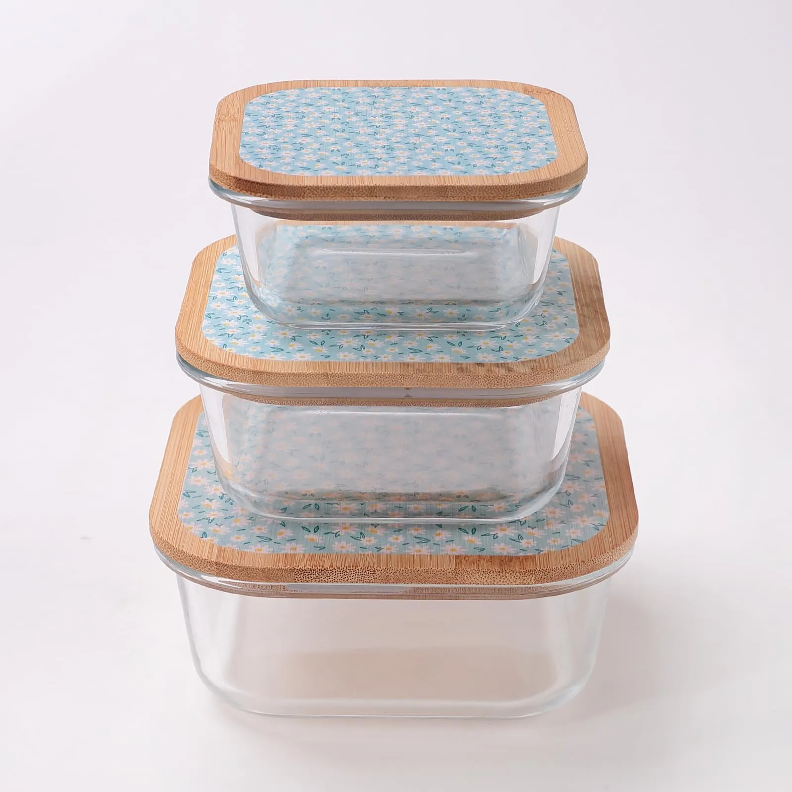 UMAI Pack of 3 Borosilicate Glass Kitchen Containers with Bamboo Lid | 310ml 510ml 800ml | Airtight Square Fridge Storage Boxes |kitchen organizer items and storage | Dandy Daisies Print