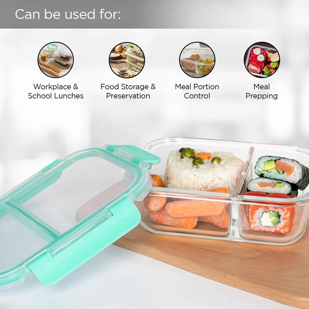 UMAI Two Compartment Lunch Box for Office Men, Kids, Women | Glass | Microwave Safe | Leak-Proof | Airtight | Safety Lock Lid | Glass Tiffin Box for Office, School (570ml)