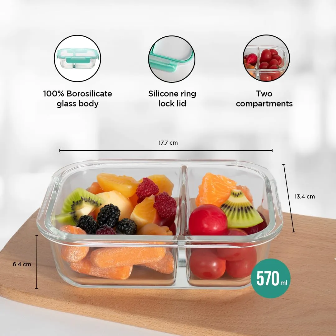 UMAI Two Compartment Lunch Box for Office Men, Kids, Women | Glass | Microwave Safe | Leak-Proof | Airtight | Safety Lock Lid | Glass Tiffin Box for Office, School (570ml)