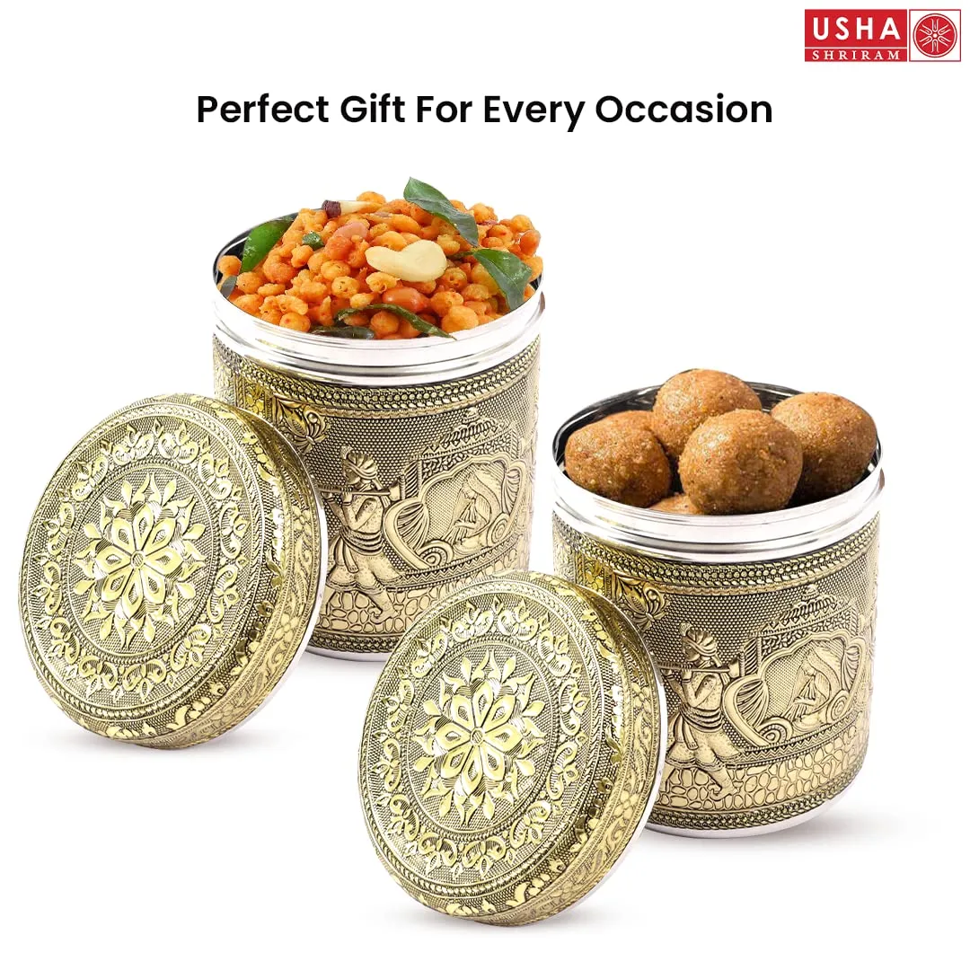 USHA SHRIRAM Stainless Steel Crafted Storage Box (1.6L - 2Pcs) |Gift Set | Kitchen Storage Organiser | Dabba For Kitchen | Rust Proof | Multi Purpose Box (Ambrose)