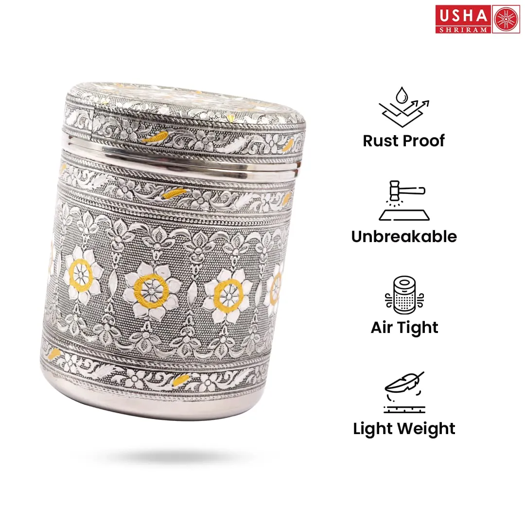 USHA SHRIRAM Stainless Steel Crafted Storage Box (Silver- 1.6L) |Gift Set | Kitchen Storage Organiser | Dabba For Kitchen | Rust Proof | Multi Purpose Box, Blue-Violet