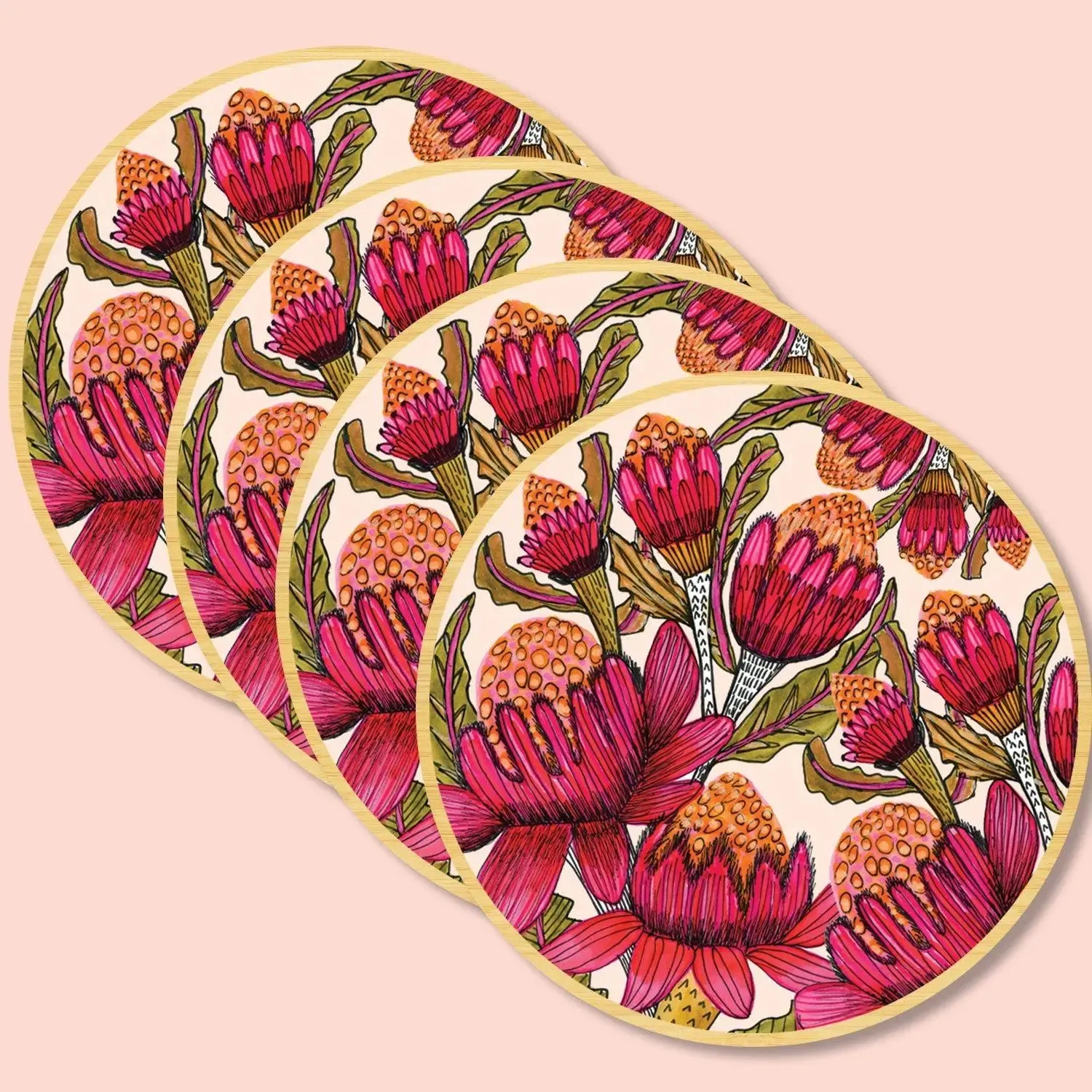 Waratah Flowers Australian Wooden Coaster Set