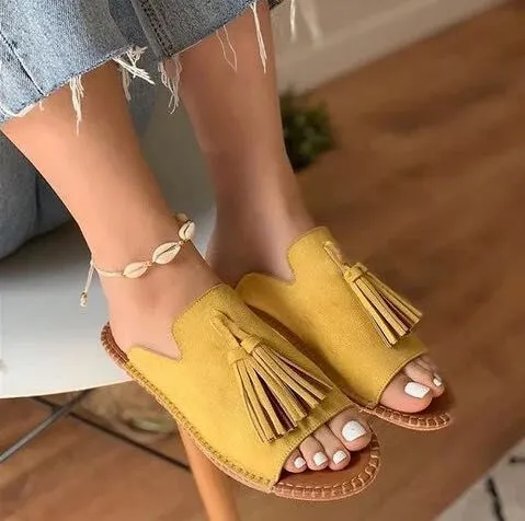 Women Flat Flip Flops Tassel Lace Up Casual Sandals Round Toe Plus Size Straw Sandals Lightweight Comfortable Beach Slippers