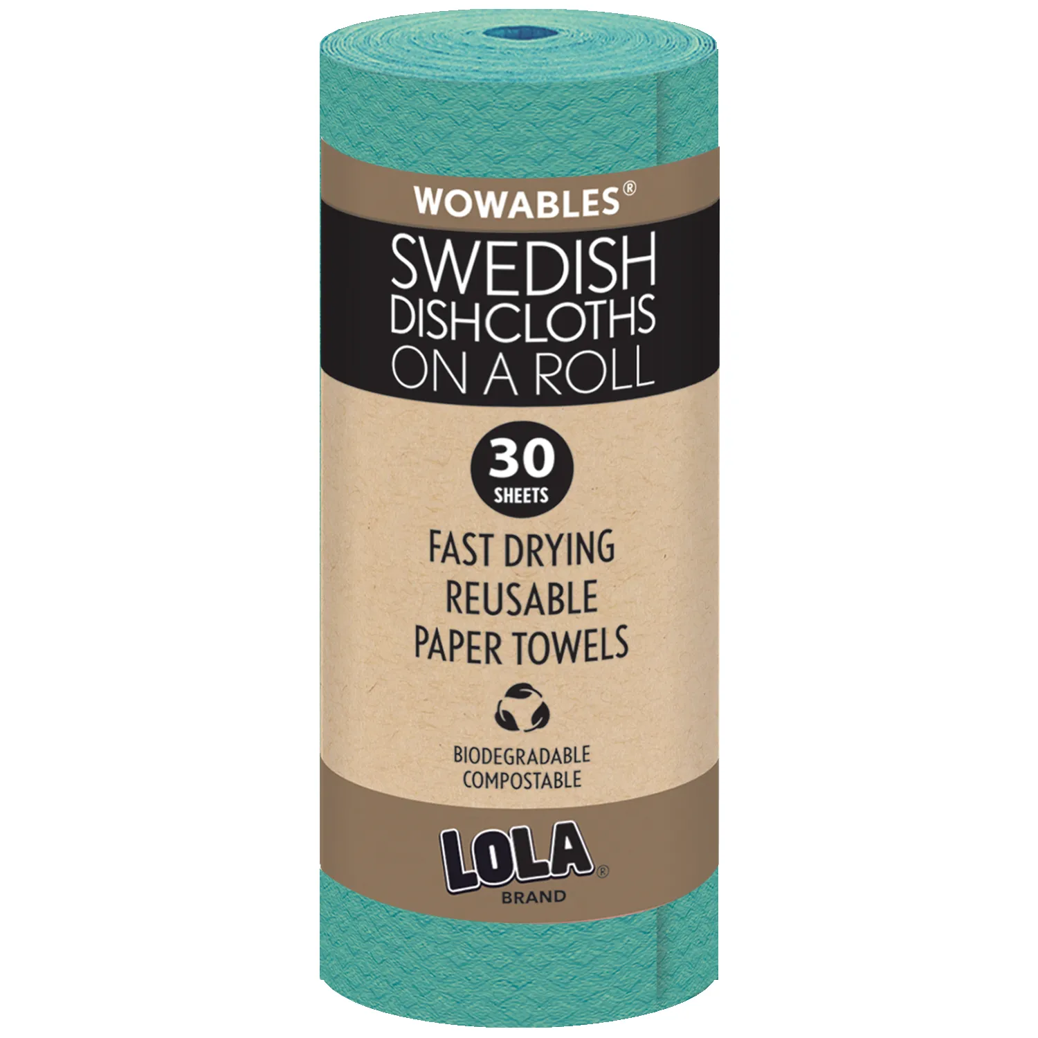 Wowables, Swedish Dish Cloths on a Roll, Reusable & Biodegradable Paper Towels, 30 Count Roll